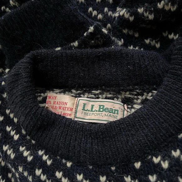 Vintage LL Bean Blue White Birdseye Norwegian Wool Blend Sweater sz Ladies Large - Picture 4 of 6